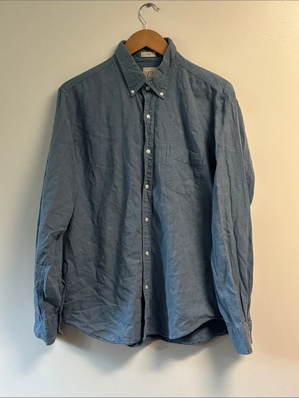 J. Crew Faded Blue Button-Down sz L slim fit cotton linen blend Shirt EUC